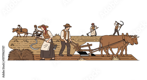 Vintage farm scene with people working in field and oxen plowing land