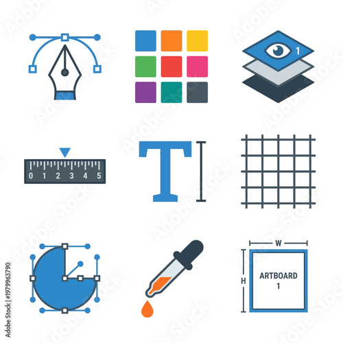 Graphic design tools and symbols.