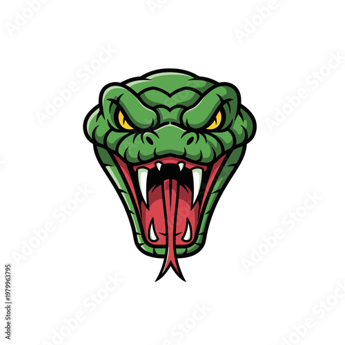 Furious Green Snake Head with Fangs and Tongue Out.