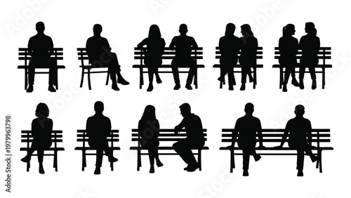 A collection of black silhouettes depicts various people sitting and relaxing on park benches in a minimalist style high quality professional