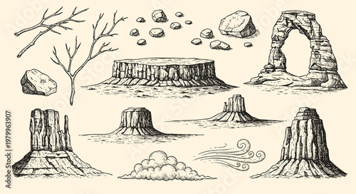Tableau sur toile Hand-drawn desert elements collection. engraving illustration