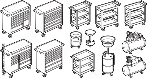 Various tools and equipment in a workshop, illustrated in an isometric view, neatly arranged and ready for use.
