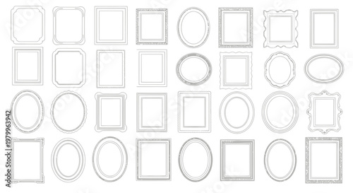 Minimalist picture frame set, 32 white vector borders for gallery walls, elegant square and oval photo frames, clean line art border collection