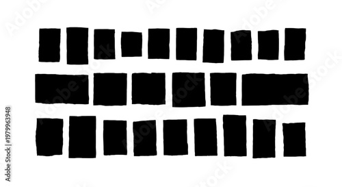 Hand drawn black ink rectangles set, 25 organic brush stroke square shapes, textured charcoal block elements for graphic design and branding