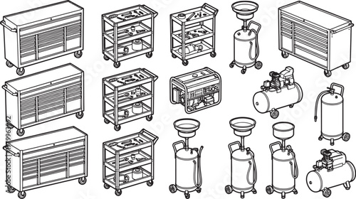 A collection of industrial tools and equipment.