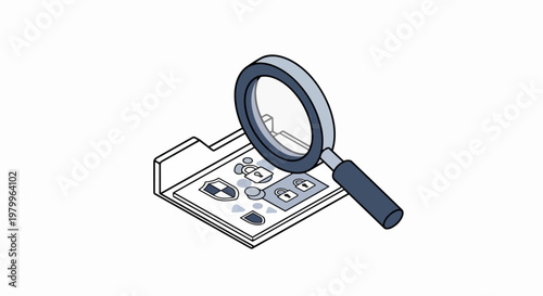 Cybersecurity Audit Isometric Illustration, Magnifying Glass Inspecting Data Protection Folder with Padlock and Shield Icons