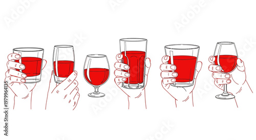Minimalist line art illustration of hands holding red wine glasses, set of diverse glassware with red liquid, modern beverage icons for bar menus