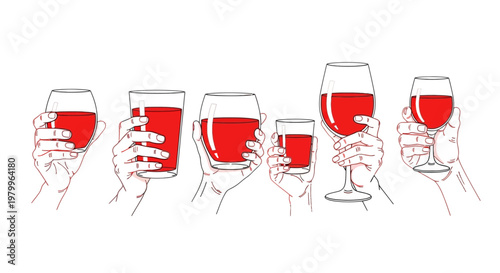 Minimalist line art of hands holding red wine glasses, collection of diverse glassware with red liquid, modern vector illustration for wine tasting