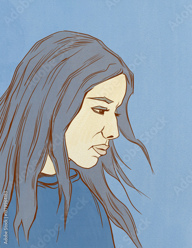 sad woman on a blue background with flowing hair