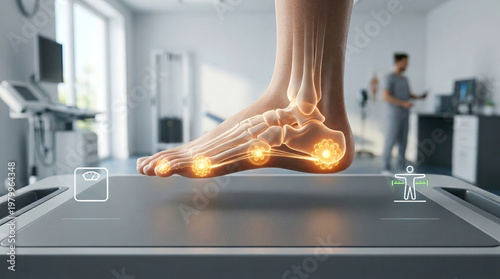 Foot ankle gait treadmill podiatry orthopedics biomechanics clinic pain rehabilitation walking assessment treadmill with foot and ankle anatomy overlay medical clinic, biomechanical analysis