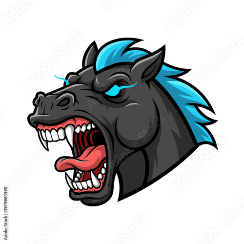 Furious Horse Head Mascot with Blue Mane and Glowing Eyes.