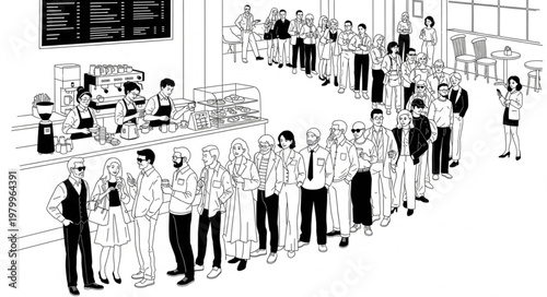Illustration of a long queue of people waiting in line.