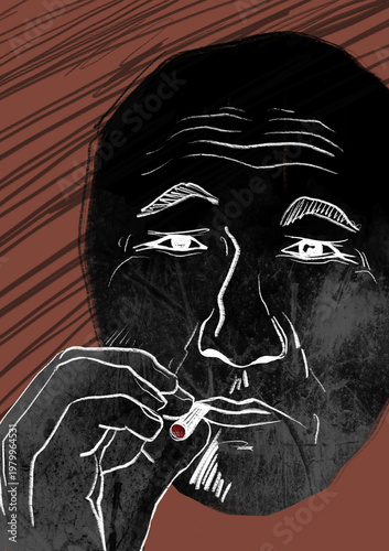 Asian man smoking, close-up portrait abstract