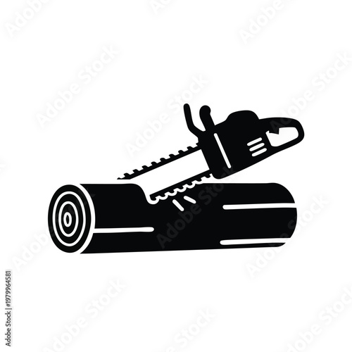 Black and white chainsaw cutting log vector icon, woodcutter tool, logging equipment, industrial symbol