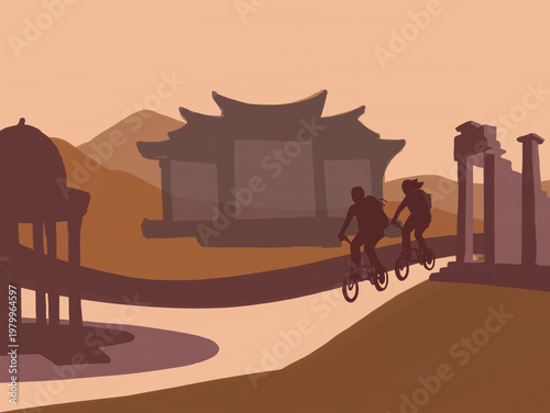 Cyclists travel around the world, minimalistic illustration