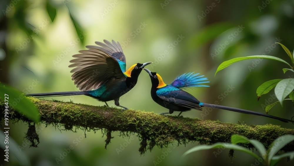 Obraz premium Two vibrant Birds of Paradise engage in a spectacular courtship display on a moss-covered branch, showcasing their exquisite plumage in the lush rainforest canopy