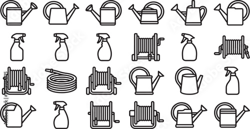 Garden tools, outlined with clean precision, present a collection of essentials for outdoor care, with water can and spray bottles. 