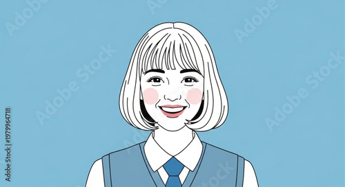Illustration of a smiling young woman with short blonde hair and bangs, wearing a school uniform.