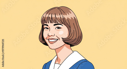 Illustration of a smiling young woman with short brown hair.