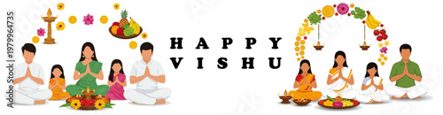 Traditional Kerala Vishu festival celebration with Hindu family togetherness, cultural rituals, festive offerings, prosperity symbols and vibrant vector illustration design.