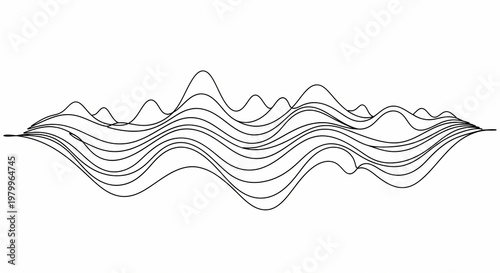 A minimalist vector illustration of multiple black undulating wavy lines, resembling a sound waveform or data visualization, set against a clean white background.