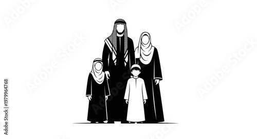Illustration of a traditional Arab family in black and white attire.