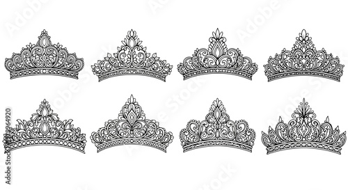 Ornate royal tiara collection, set of 8 elegant crown vectors, intricate bridal headpiece illustrations, vintage filigree princess jewelry icons