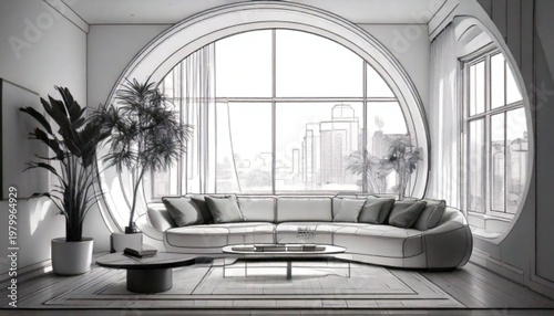 Modern living room with large circular window and sectional sofa.