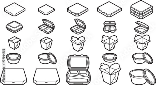 A collection of different food containers and take away boxes is depicted. Representing a variety of shapes and styles.