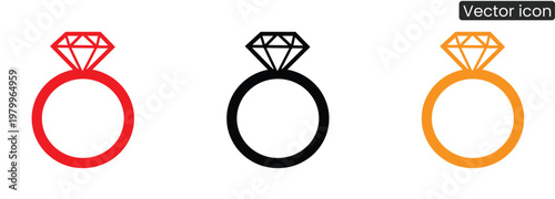 Vector icons of diamond rings in red, black, and orange on white background