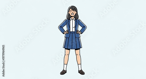 Illustration of a young Japanese schoolgirl in uniform standing confidently.