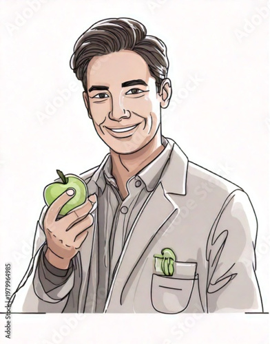 Smiling Man in Lab Coat Holding a Green Apple.