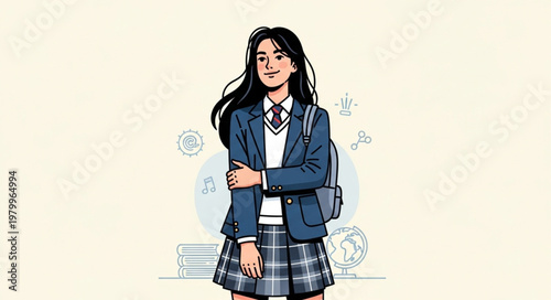 Illustration of a young Japanese schoolgirl in uniform with a backpack.