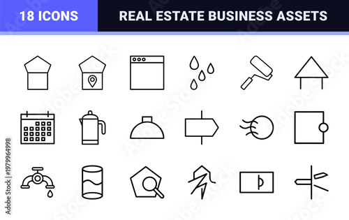 Minimalist real estate and housing line icons for residential property and home sales.