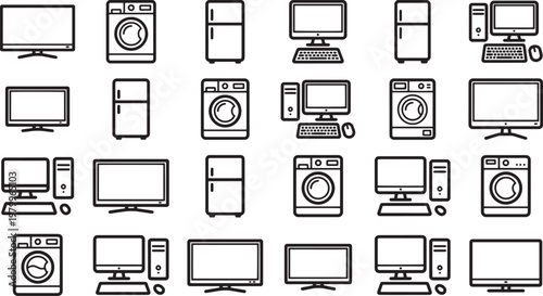 Array of household appliances neatly arranged in a grid, ideal for illustrating consumerism, technology, or domestic life.