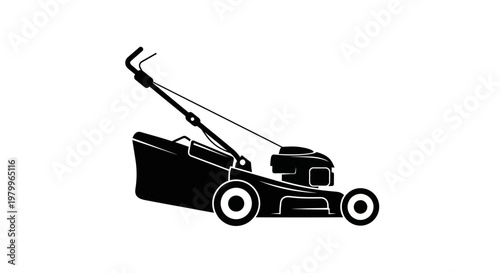 Black silhouette lawn mower on white background for gardening and landscaping concepts