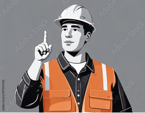 Construction worker in hard hat and vest points finger up.