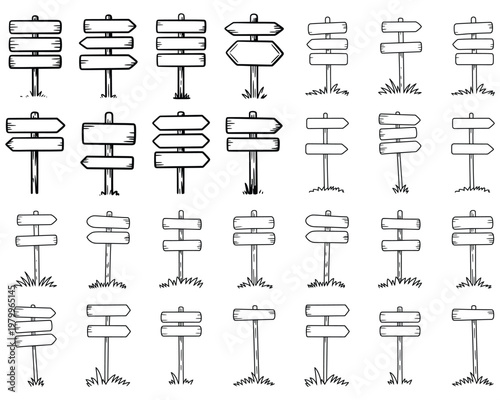 A collection of wooden signs on poles Vector