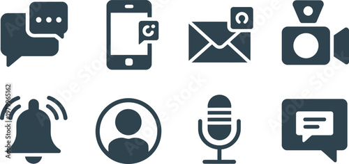 Set of dark communication and multimedia interface icons for mobile applications and modern user interface projects