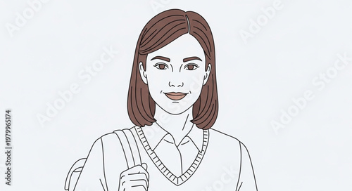 Illustration of a young woman with brown hair and a backpack.