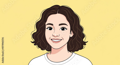 Illustration of a young woman with curly brown hair and a friendly smile.