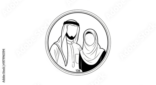 Illustration of an Arab couple in traditional attire, inside a circular frame.