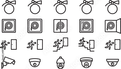 Emergency icon set, designed in a sleek, minimalist style for intuitive communication. Capturing the essence of readiness and safety through clean, modern iconography.