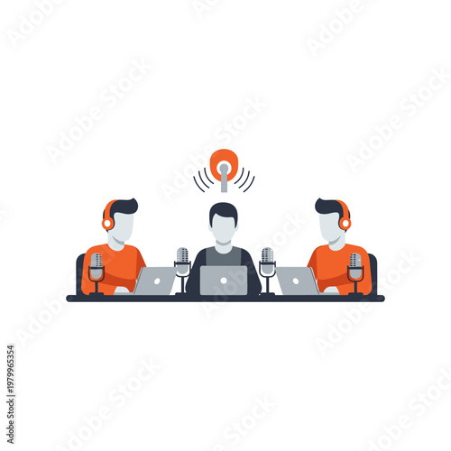 Three individuals participating in a virtual podcast recording session together online