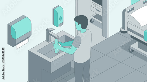 Modern Handwashing Instructional Infographic System illustrating proper hygiene practices for germ and infection prevention in a healthcare facility