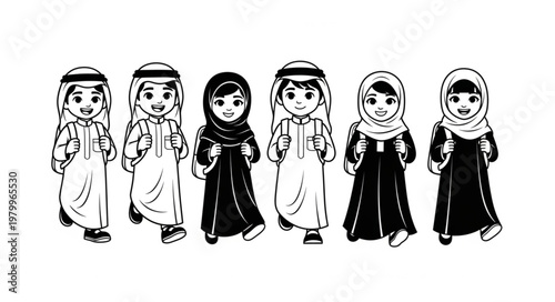 Illustration of six children in traditional Arab clothing, black and white.