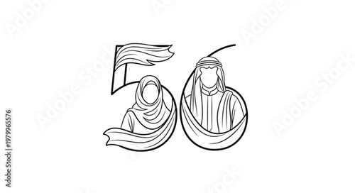 Illustration of two figures in traditional attire forming the number fifty-six.