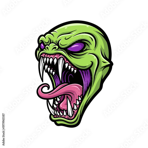 Green monster head with sharp fangs and long tongue.
