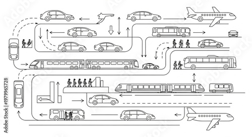 Illustration of various modes of transportation and urban mobility concepts.