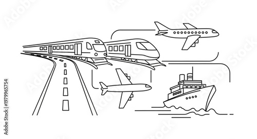 Illustration of various modes of transportation including trains airplanes and ship.